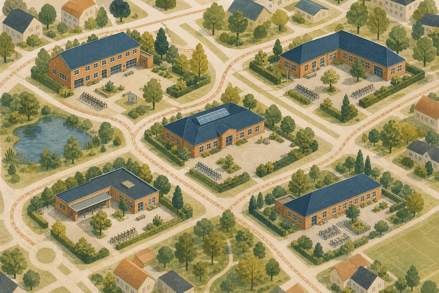 Illustration af Herlev Kommune, hvor tre folkeskoler peger videre til fem selvstændige skoler med egne navne.