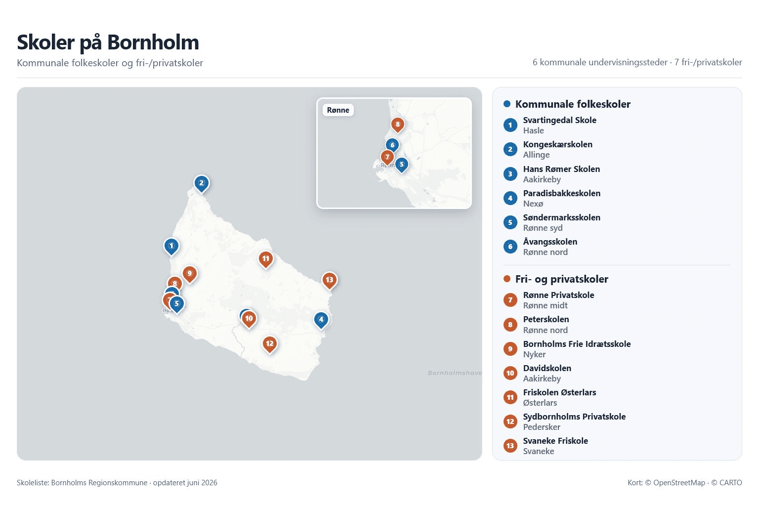 Kort over Bornholm med blå tegnestifter for kommunale folkeskoler og orange tegnestifter for fri- og privatskoler.