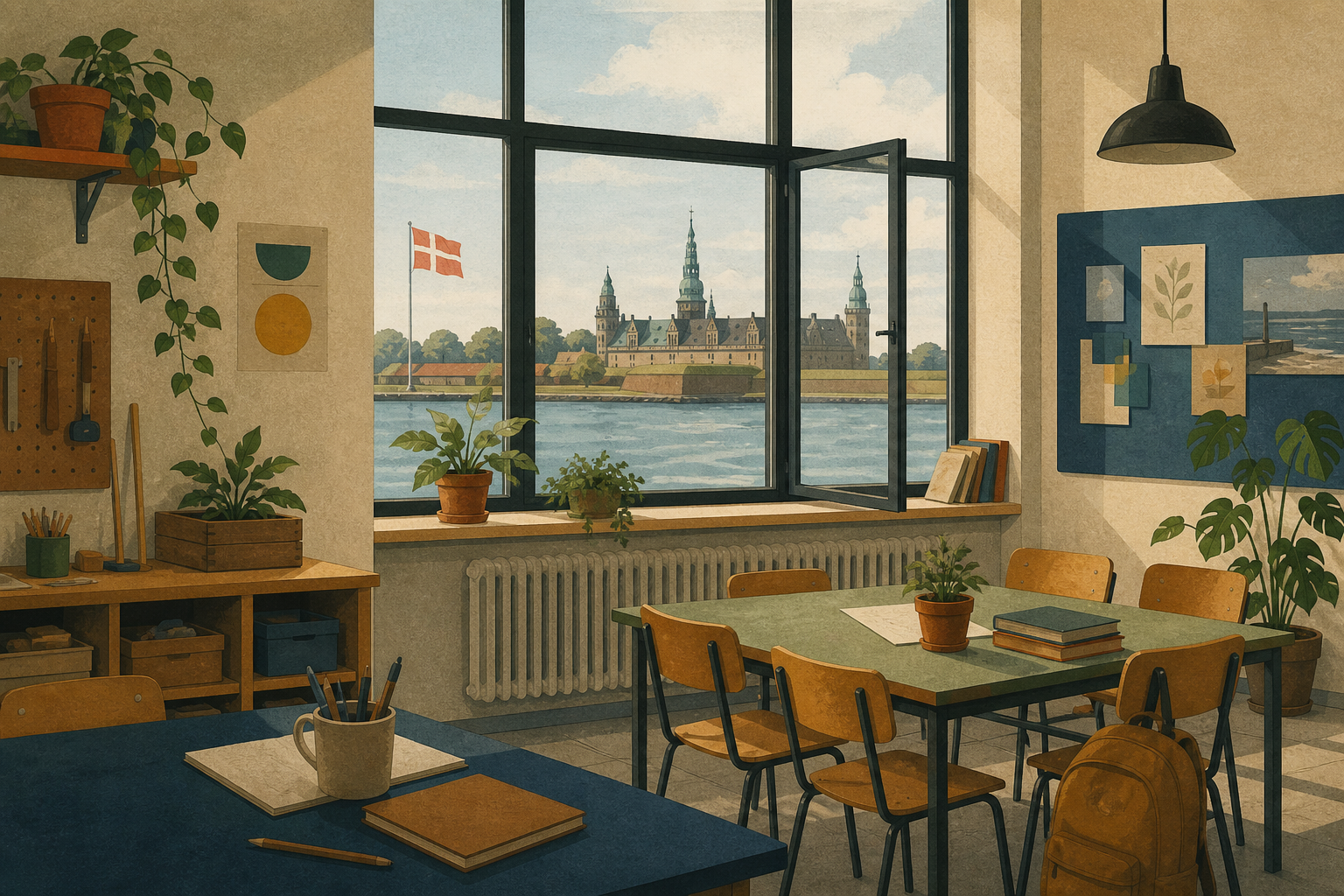 Illustration af et stille klasselokale i Helsingør med udsigt over Øresund, der viser et skoletilbud med ekstra tid efter 9. klasse.