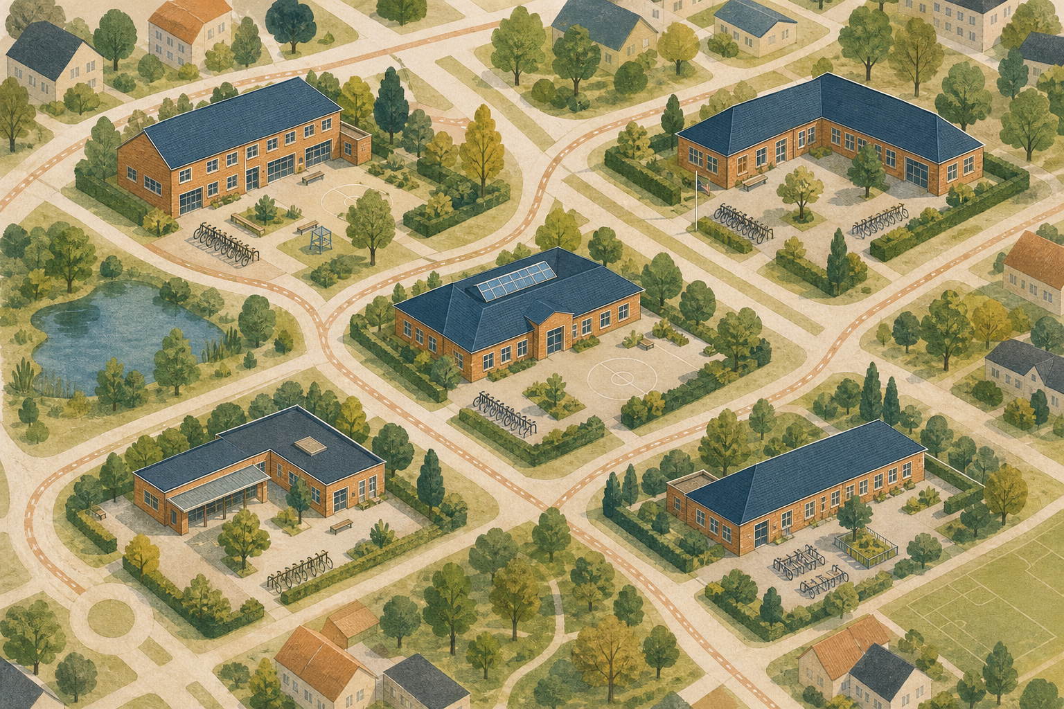 Illustration af Herlev Kommune, hvor tre folkeskoler peger videre til fem selvstændige skoler med egne navne.