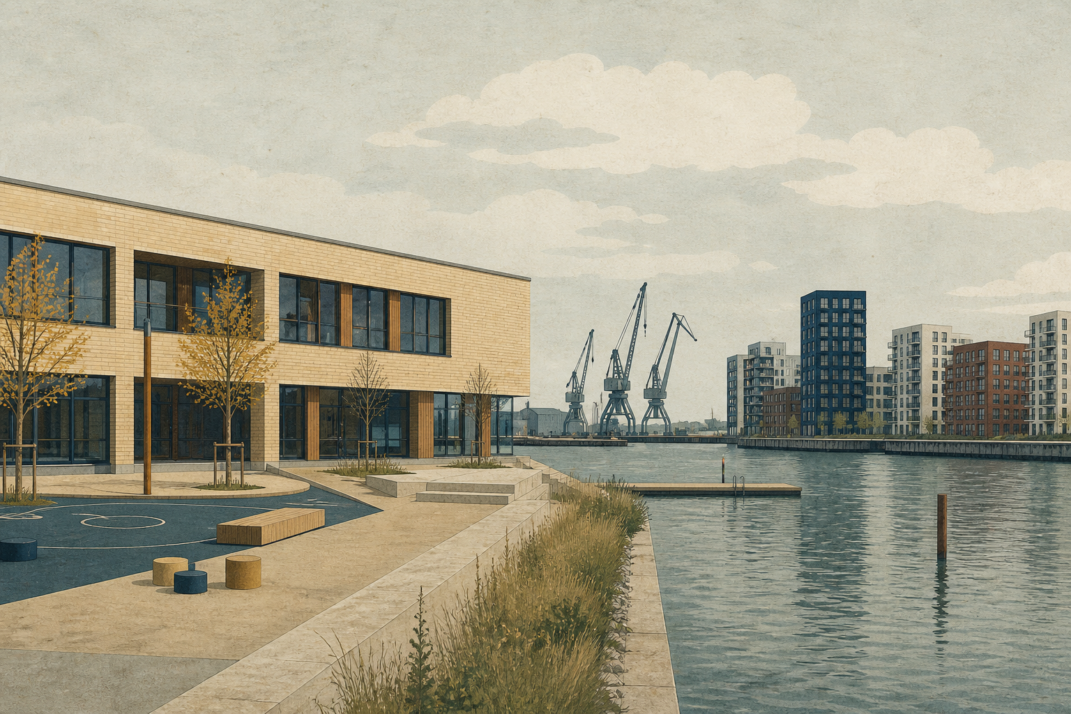 Illustration af Nordhavn, hvor Skolen på Levantkaj vises som kommende selvstændig 0.–9.-skole, mens forældre indtil videre er tilknyttet Langelinieskolen på Østerbro.