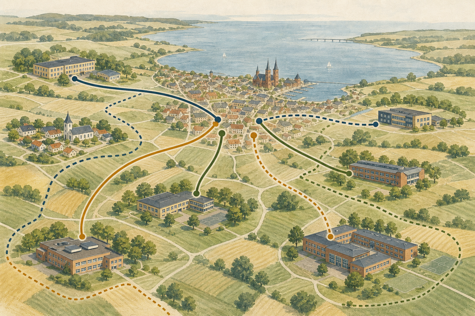 Illustration af Nyborg og opland med skolebygninger og stiplede distriktslinjer, der viser scenarier i høring.