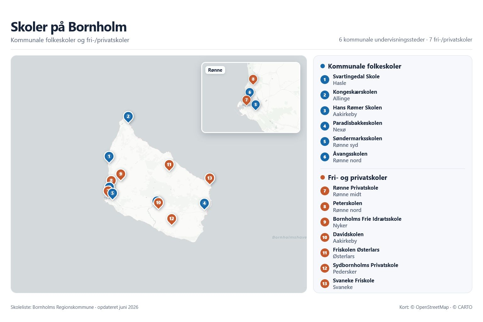 Kort over Bornholm med blå tegnestifter for kommunale folkeskoler og orange tegnestifter for fri- og privatskoler.