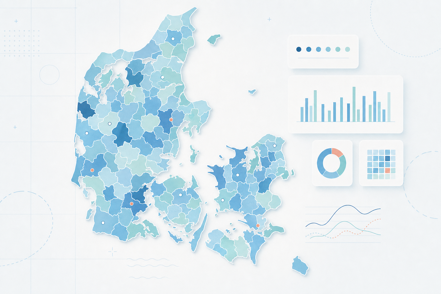Danmarkskort med skolestatistik for danske kommuner, omgivet af grafer og diagrammer.